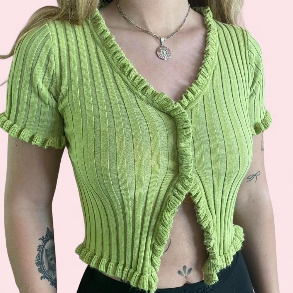Green ruffle knit top with